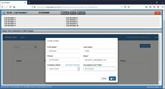 add contact in Salesforce CRM Integration with cisco contact center by maaz technologies